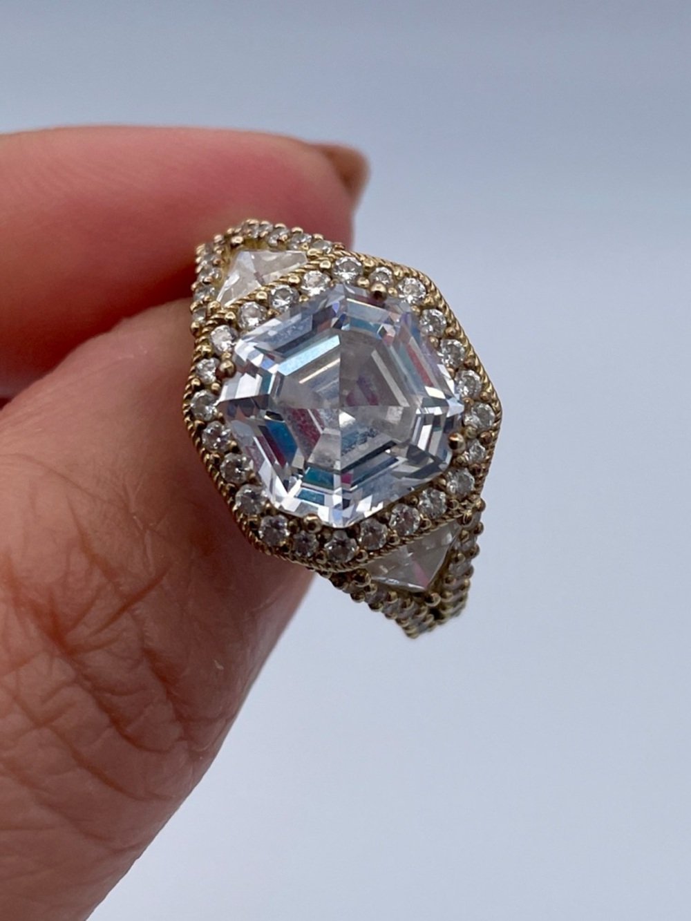 Judith Ripka CZ Halo Ring 14K Gold Clad Sterling Silver 925 Cushion Cut Halo - Picture 5 of 9
